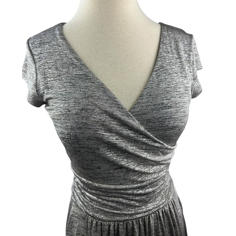 Maeve  x Anthropologie Tamera Metallic Silver Shimmer Jersey Dress Faux Wrap XS - Picture 4 of 16